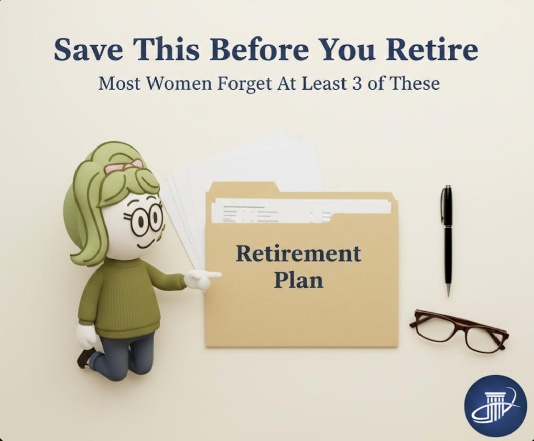 Pinterest pin: Retirement planning checklist covering income, expenses, documents, and important conversations for women