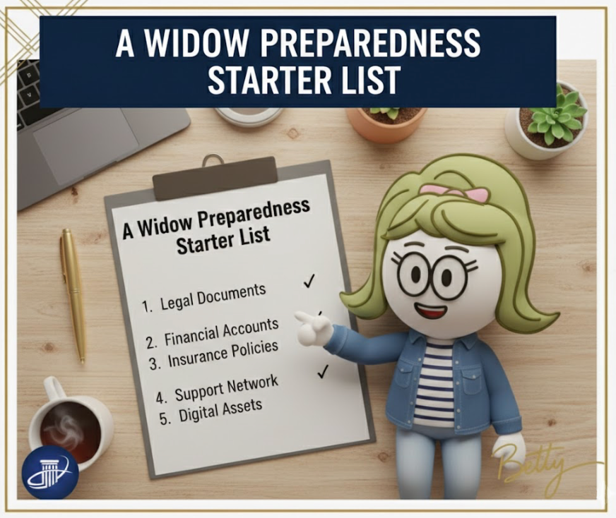 Pinterest pin: Widow financial preparedness starter guide with steps for accounts, documents, income, and conversations